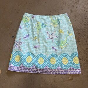 Lilly Pulitzer Blue Green Aquatic Mosaic Fish Starfish Mini Skirt Size 14